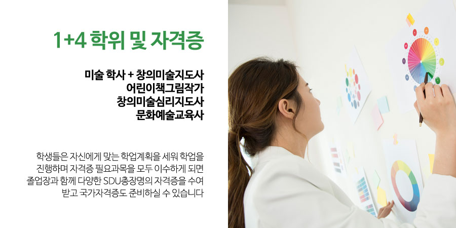 1+4 학위 및 자격증
미술 학사 + 창의미술지도사
어린이책그림작가
창의미술심리지도사
문화예술교육사
학생들은 자신에게 맞는 학업계획을 세워 학업을 진행하며 자격증 필요과목을 모두 이수하게 되면 졸업장과 함께 다양한 SDU총장명의 자격증을 수여 받고 국가자격증도 준비하실 수 있습니다